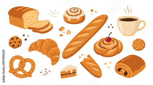 A vibrant collection of freshly baked goods including bread, croissants, cookies, and pastries, accompanied by a steaming cup of coffee.