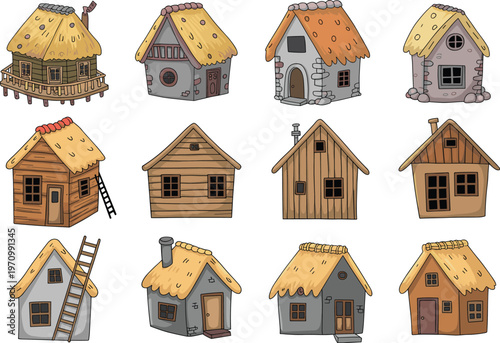 Cartoon rustic cottage houses set in hand drawn style for game and design