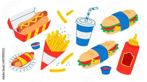 A collection of colorful, flat-design illustrations of popular fast food items including hot dogs, french fries, sandwiches, a drink, and condiments on a white background.