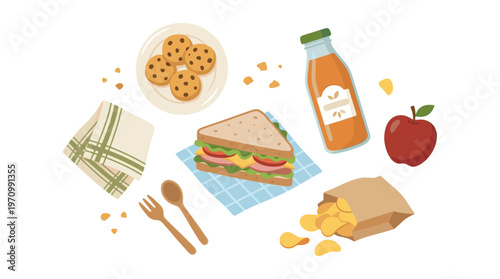 A delightful flat lay of picnic food items including a sandwich, cookies, chips, and juice, perfect for themes of lunch, snacks, and outdoor dining.