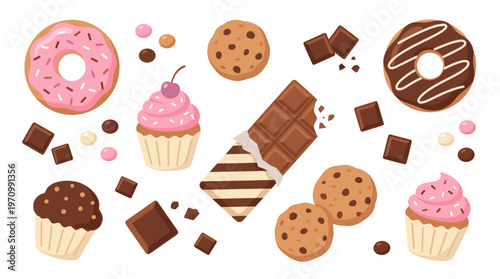 A vibrant flat illustration features a collection of delicious desserts including donuts, cupcakes, cookies, and chocolate pieces scattered on a white background.