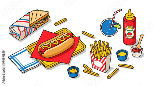 A colorful, isometric illustration featuring a variety of popular fast food items including a hot dog, sandwich, fries, and a drink, perfect for food-related concepts.