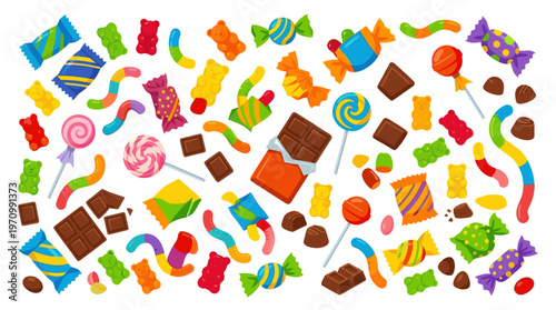 A vibrant and playful collection of assorted candies including gummy bears, gummy worms, wrapped candies, lollipops, and chocolate squares scattered on a white background.