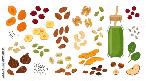 A colorful flat illustration of various healthy ingredients including nuts, dried fruits, fresh fruits, seeds, and a green smoothie in a glass bottle on a white background.