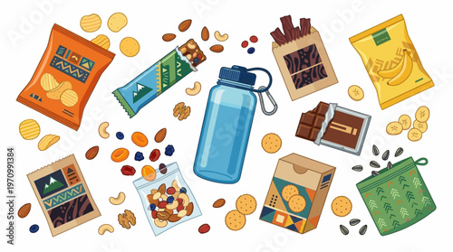 Assortment of healthy snacks like nuts, dried fruit, jerky, chips, chocolate, and a reusable water bottle scattered on a white background.