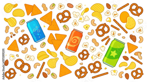 A vibrant, flat design illustration showcases a cheerful assortment of popular snacks like potato chips, pretzels, popcorn, nachos, nuts, and soda cans against a clean white background.