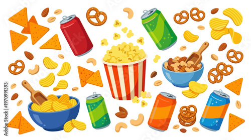 A vibrant, cartoon-style illustration displays a collection of popular party snacks and drinks scattered across a white background.