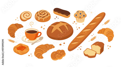 A flat illustration showcases a delightful assortment of baked goods, including croissants, bread, muffins, eclairs, and cinnamon rolls, surrounding a steaming cup of coffee.