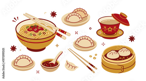 Vibrant vector illustration of Asian cuisine with noodles, dumplings, tea, and sauce, perfect for food blogs, menus, or cultural presentations.