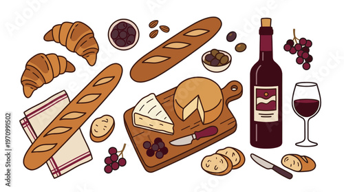 A charming flat lay illustration featuring French delicacies including croissants, baguettes, cheese, olives, grapes, and red wine, perfect for culinary themes.