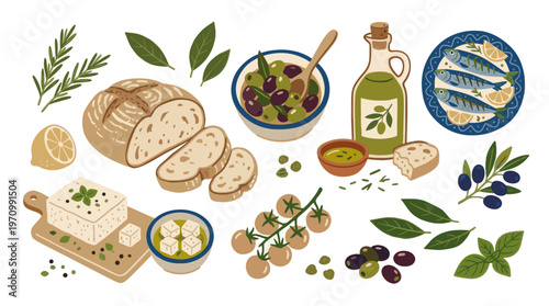 A flat illustration showcases a collection of Mediterranean food elements including bread, olives, feta cheese, olive oil, sardines, lemons, tomatoes, and herbs on a white background.