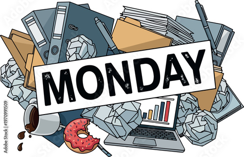 Illustrative concept chaotic Monday morning office desk, piled high with documents, coffee, and laptop, symbolizing the overwhelming start of the work week