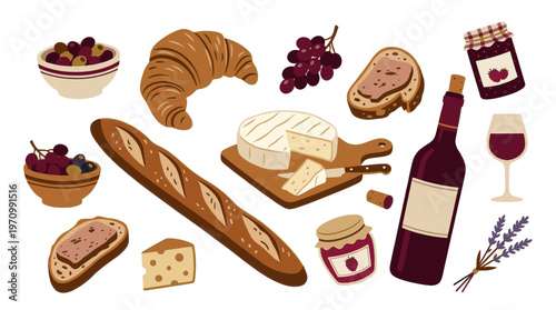 A collection of illustrated French food and drink items including baguette, croissant, cheese, olives, grapes, jam, wine bottle and glass, with lavender sprigs.