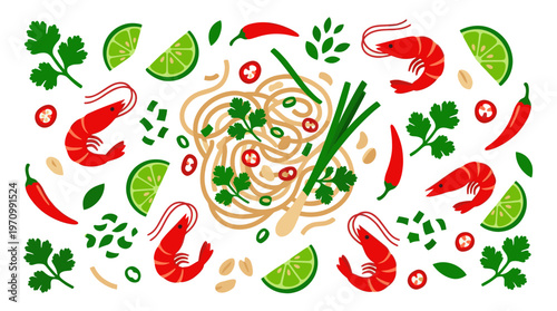 A vibrant, flat illustration showcases a chaotic yet appetizing pattern of noodle soup ingredients including shrimp, lime, chili peppers, and cilantro on a white background.