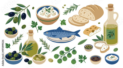 A charming flat lay illustration featuring a selection of Mediterranean food items, including olives, olive oil, feta cheese, fish, bread, tomatoes, and herbs, set against a white background.