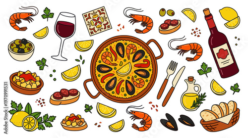 A vibrant flat illustration of Spanish cuisine, featuring paella, tapas, wine, lemons, olives, and bread, perfect for culinary themes.