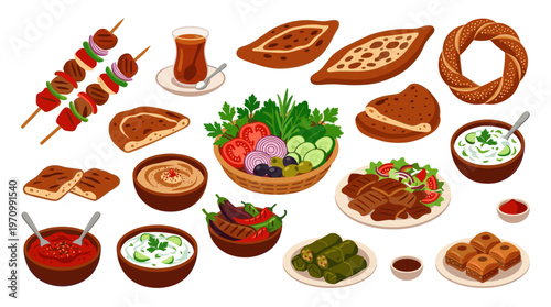 A vibrant flat illustration featuring a variety of popular Turkish dishes including kebabs, pide, baklava, dolma, and mezze with tea.