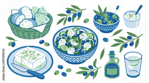 A delightful flat illustration showcasing ingredients for a Greek salad including feta cheese, olives, bread, and a refreshing drink, perfect for culinary or travel themes.