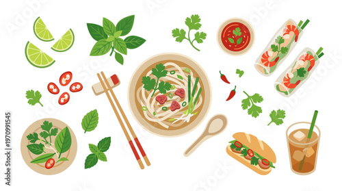 A flat design illustration showcasing various popular Vietnamese foods and ingredients including pho, banh mi, spring rolls, limes, herbs, and chilies on a white background.