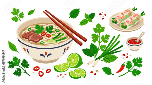 Vibrant flat illustration of Vietnamese pho soup ingredients like beef, noodles, herbs, chili, lime, and spring rolls with dipping sauce.
