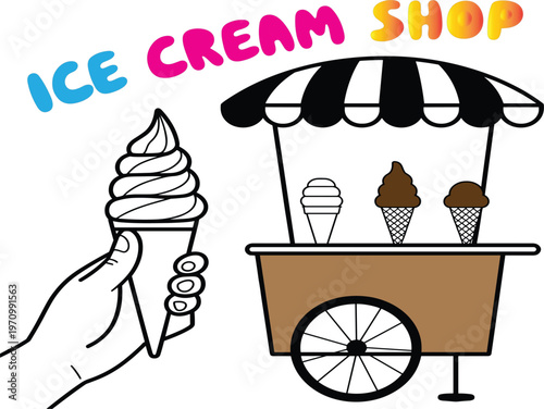 Ice cream shop cart with hand holding cone, sweet summer dessert street food vendor vector