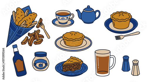 This colorful illustration features a collection of popular British comfort foods like fish and chips, pies, and beverages, perfect for editorial and culinary themes.