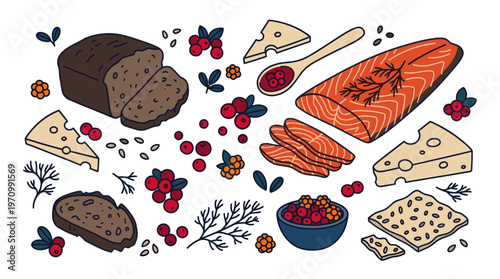 A charming collection of illustrated Nordic food elements including rye bread, salmon, cheese, and berries, perfect for dietary and culinary themes.