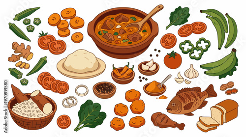 Collection of hand-drawn African food dishes and ingredients including stew, fish, chicken, plantains, okra, yams, and spices arranged on a white background.