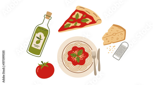 A playful, flat illustration depicts a slice of pizza, spaghetti, a tomato, olive oil, cheese, and a grater arranged against a white background.
