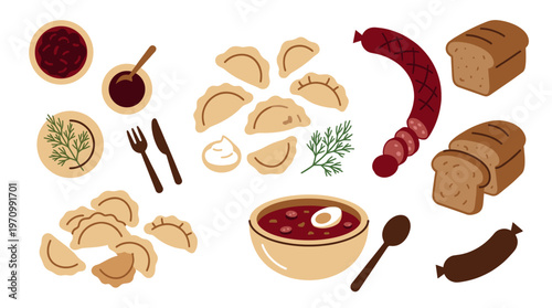 A playful, flat illustration of a traditional meal featuring dumplings, soup with egg, sausage, bread, and condiments, set against a clean white background.