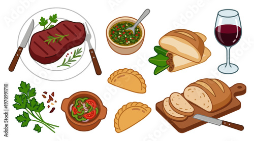 A vibrant illustration showcasing a traditional Argentine meal with grilled steak, empanadas, chimichurri, bread, and red wine, perfect for culinary themes.