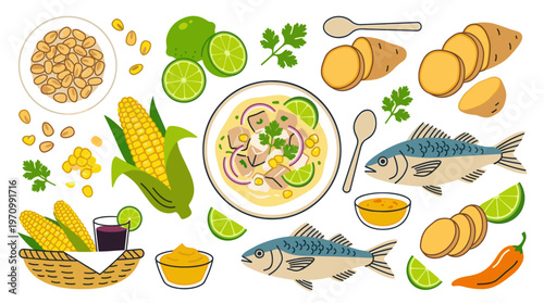 A vibrant flat lay illustration showcases fresh ingredients and dishes, including ceviche, corn, fish, limes, potatoes, and chili peppers, perfect for culinary and food-related themes.