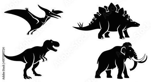 Prehistoric animal silhouettes set: dinosaur, pterodactyl, stegosaurus, t-rex, and woolly mammoth icons