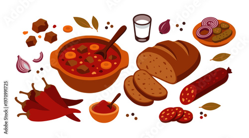 A flat illustration features a hearty goulash soup, sliced bread, sausage, peppers, onions, and a shot of milk, presented as a complete meal illustration.