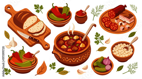 A vibrant flat lay illustration showcases a hearty goulash stew, sliced bread, spicy peppers, various meats, and pickled vegetables, perfect for culinary themes.