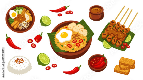 A vibrant flat illustration showcasing a collection of popular Indonesian dishes including satay, nasi goreng, tempeh, and chili, set against a clean white background.