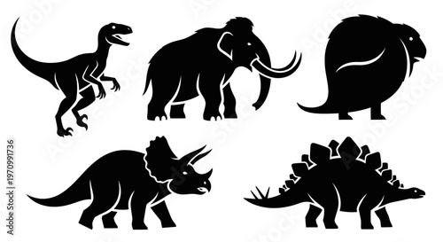 Prehistoric Animal Silhouettes Set: Dinosaurs and Ice Age Beasts Icons