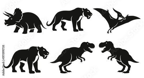 Prehistoric Animal Silhouettes Set: Dinosaurs and Ancient Mammals Icons