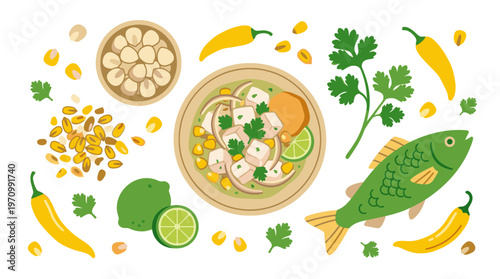 A vibrant flat lay illustration depicts the fresh ingredients for ceviche, including diced fish, corn kernels, lime, cilantro, and yellow chili peppers, on a white background.