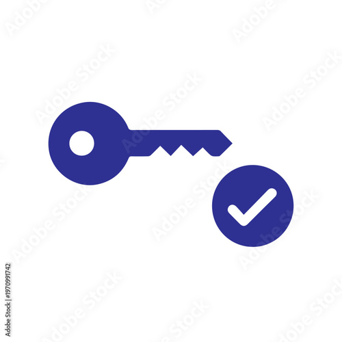 A blue key icon with a checkmark in a circle signifies access granted and successful authentication.