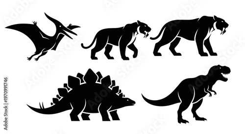 Prehistoric Animals and Dinosaurs Silhouettes Set - Extinct Creatures Icons