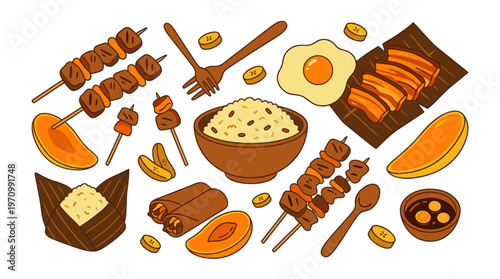 A whimsical, flat design illustration featuring popular Filipino dishes like skewers, rice, fried egg, spring rolls, and mango slices on a white background.