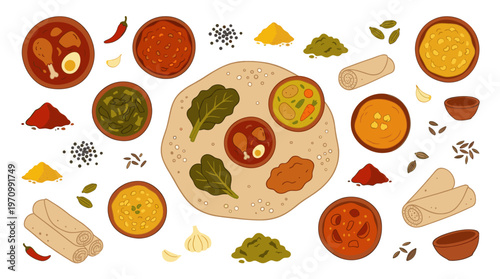 A vibrant flat lay illustration showcasing various Indian dishes, spices, and breads against a white background, perfect for culinary and cultural themes.