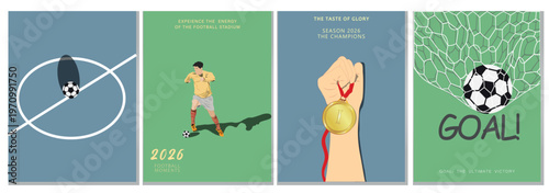 Football Championship 2026 series collection banner; flat vector illustration of kickoff, action, medal, and goal for sports tournament marketing and event promotion art