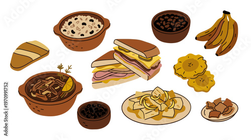 A vibrant, flat-style illustration showcases a collection of popular Cuban dishes, including a sandwich, beans, plantains, and fruits, against a clean white background.