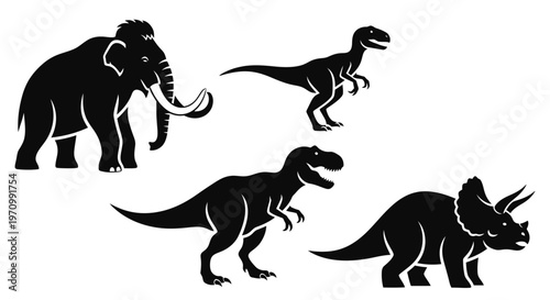 Prehistoric Animals Silhouettes - Mammoth, T-Rex, Velociraptor, Triceratops Vector Set