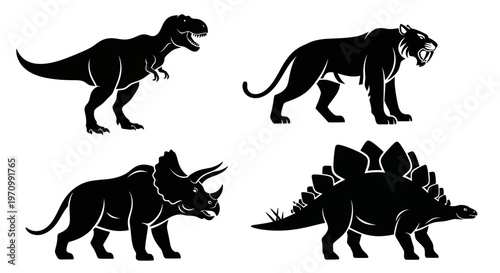 Prehistoric Animal Silhouettes: T-Rex, Triceratops, Stegosaurus, and Saber-toothed Tiger Icons