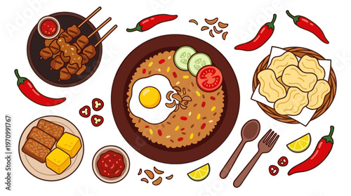 A vibrant, flat design illustration showcases a variety of Indonesian dishes including nasi goreng, satay, tempeh, and kerupuk, with garnishes like chili peppers and lime slices.