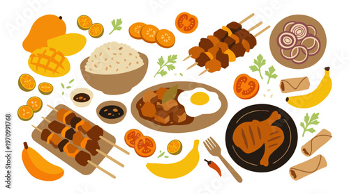 A vibrant, flat-design illustration showcasing a variety of popular Filipino dishes and fruits, perfect for menus, websites, or culinary blogs.