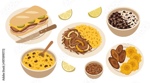 This colorful illustration showcases a delicious spread of Cuban cuisine, featuring a sandwich, rice and beans, and fried plantains against a clean white background.